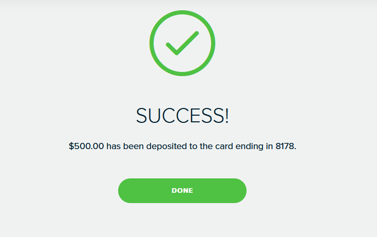 MoneyPak Deposit Success - $500 has been successfully deposited to the card - check-moneypak.com